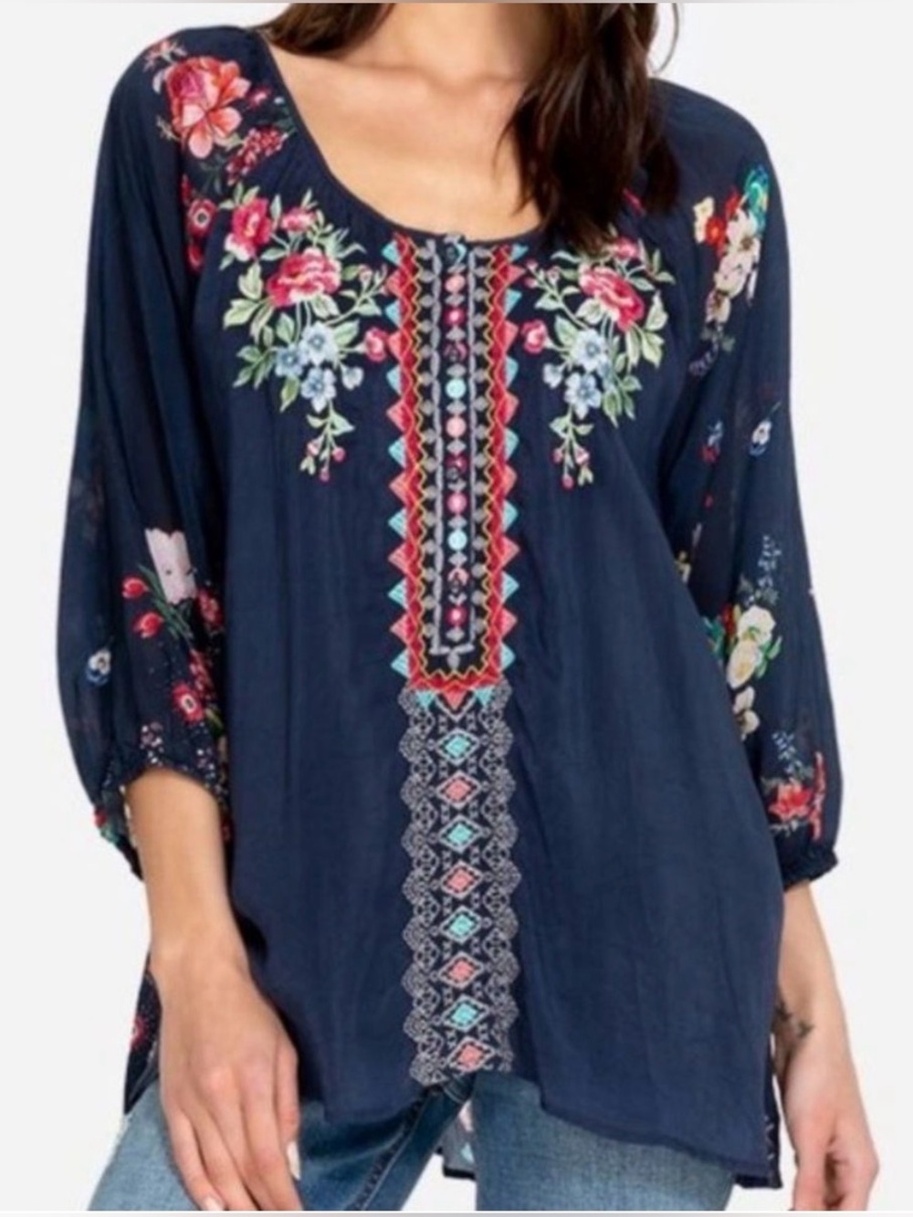 Johnny Was Embroidered Sheera Blouse Floral Navy Blue Long Sleeve XS